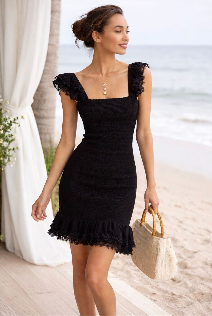 NWT Peixoto Belle Black Smocked Lace Mini Dress Anthropologie M